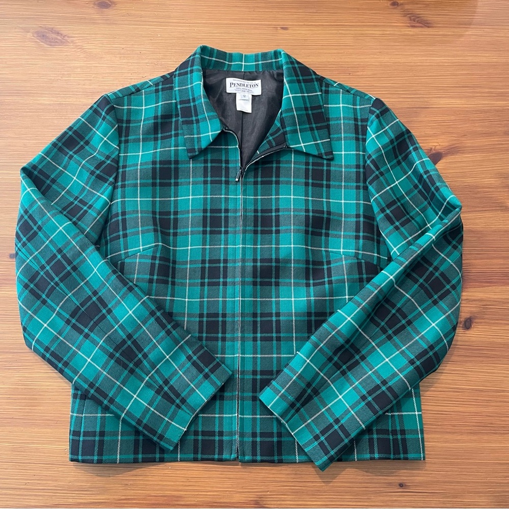 Vintage Pendleton Green Tartan Plaid Zip Up Jacket Blazer - Size 12